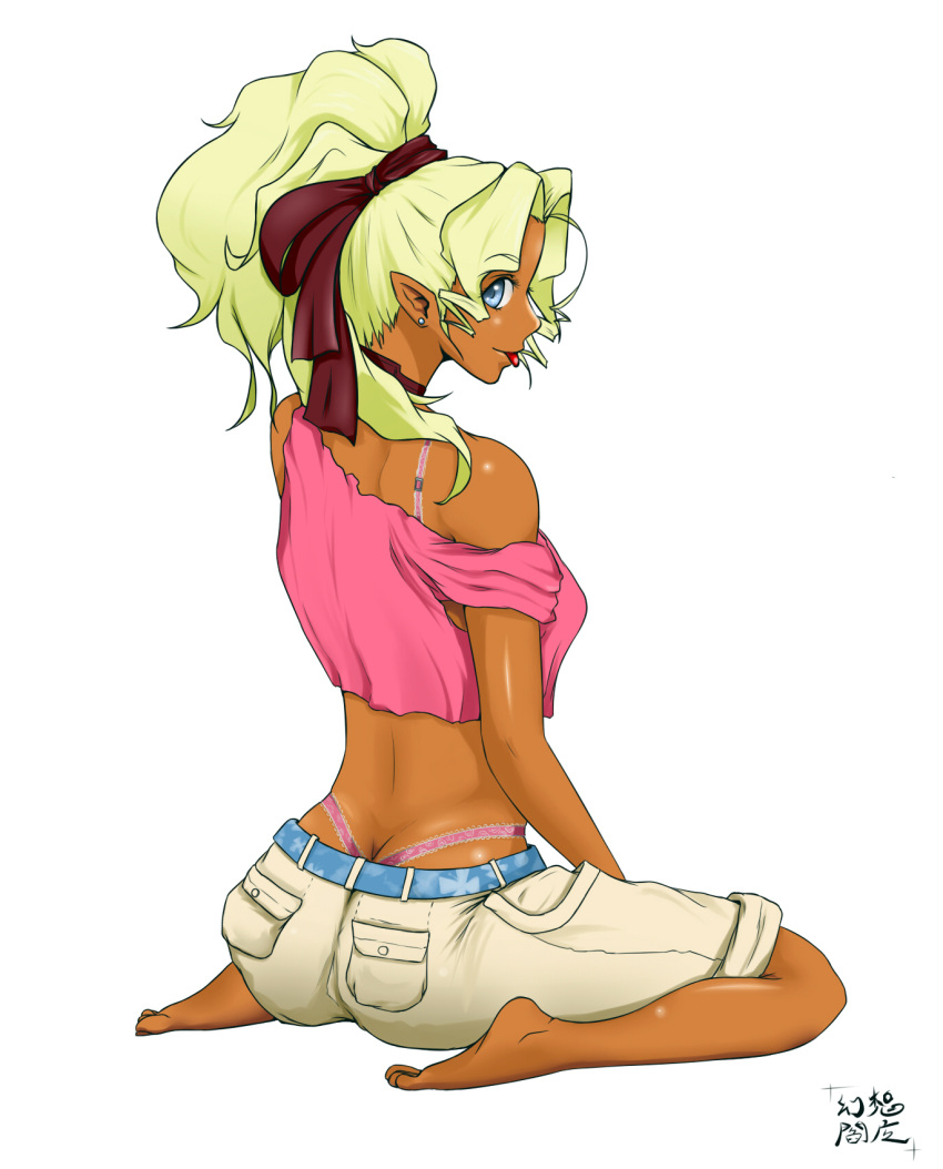 1girl, blonde_hair, blue_eyes, bra_strap, choker, dark_skin, earrings, from_behind, gensouenma, hair_ribbon, high_ponytail, highleg, highleg_panties, highres, jewelry, kuramitsu_mihoshi, lace-trimmed_panties, panties, pants, pants_rolled_up, pointy_ears, ribbon, sitting, solo, tank_top, tenchi_muyou!, tongue, tongue_out, underwear, white_background