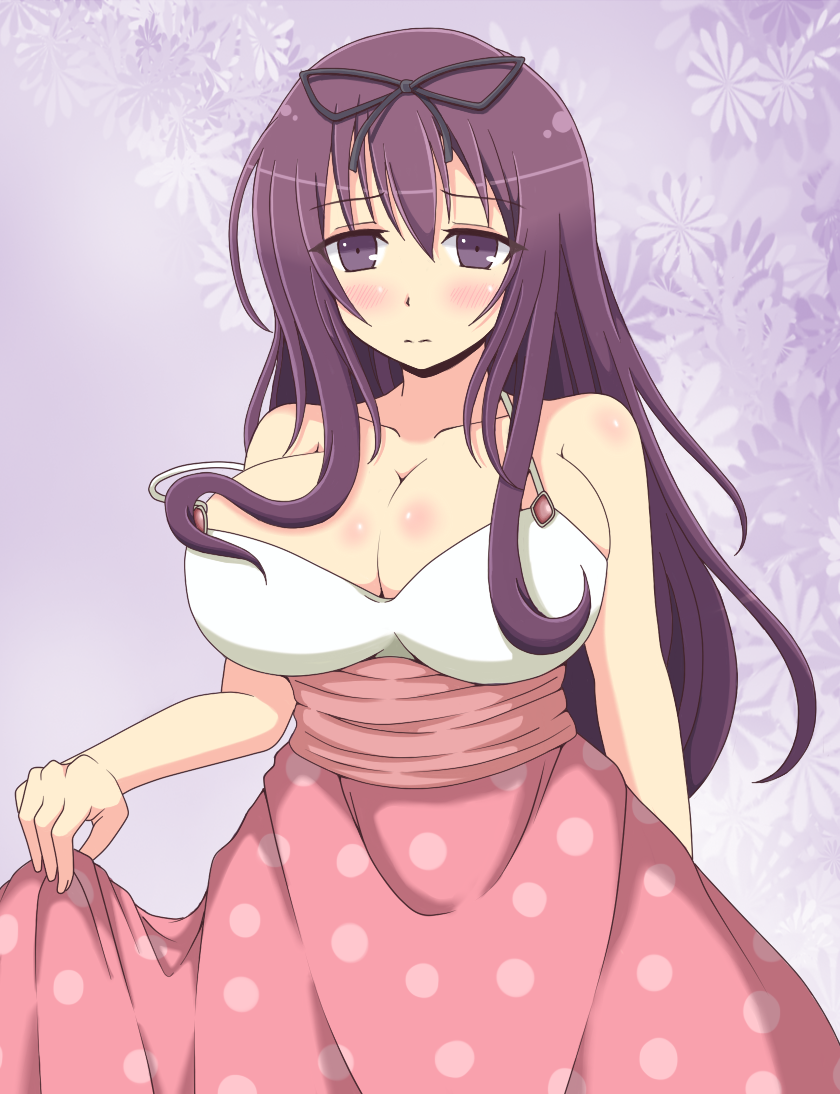 1girl, bare_shoulders, black_ribbon, blush, breasts, cleavage, collarbone, dress