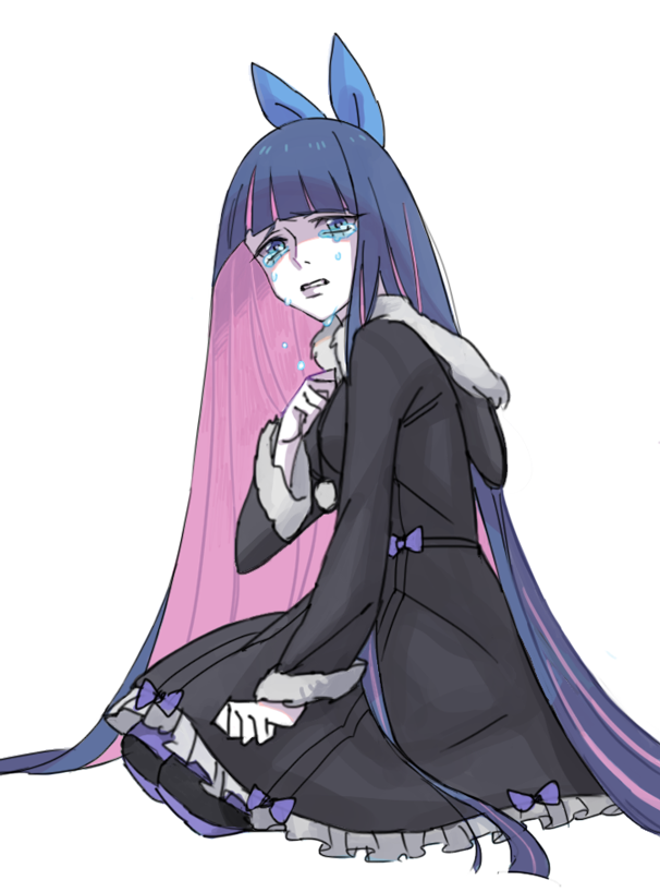 1girl, bow, cosom, crying, hair_bow, long_hair, multicolored_hair, panty_&amp;_stocking_with_garterbelt
