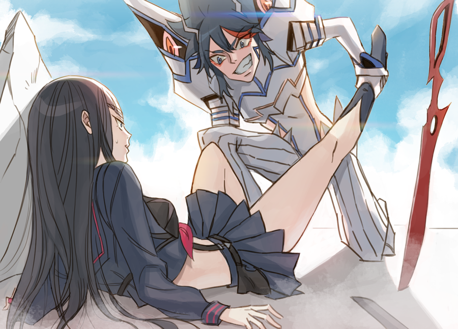 2girls, ankle_grab, arm_support, cosom, grin, junketsu, kill_la_kill, kiryuuin_satsuki
