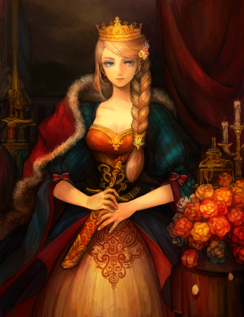 1girl, akaneko_(redakanekocat), blue_eyes, braid, breasts, brown_hair, candle, crown