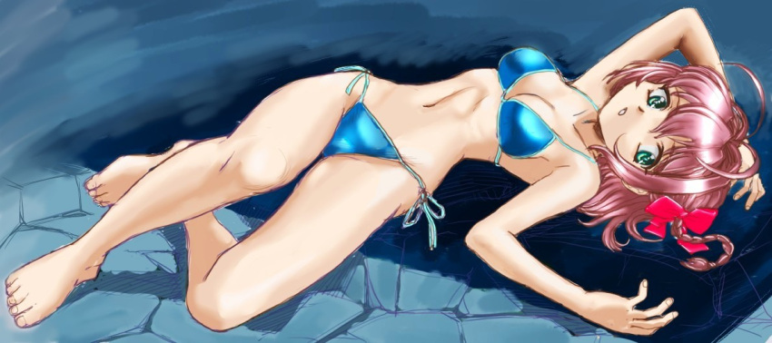 1girl, bikini, braid, e-senmio, green_eyes, kimi_ga_nozomu_eien, lying, redhead