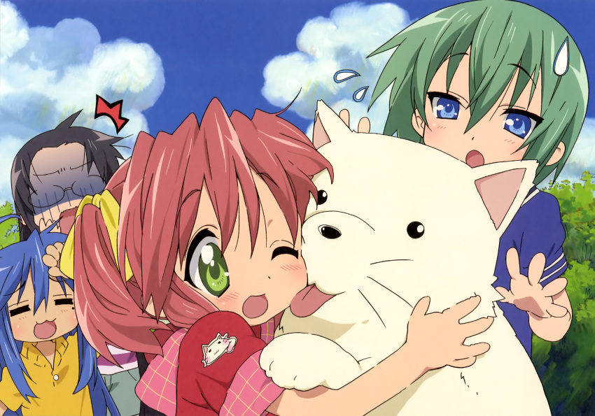 absurdres, ahoge, animal, blue_eyes, blue_hair, blush, cathead, cherry_(lucky_star)
