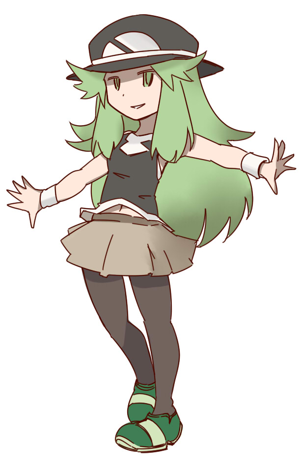 1girl, blue_(pokemon), commentary_request, fusion, green_eyes, green_hair, hanomido, hat, long_hair, midriff, n_(pokemon), navel, outstretched_arms, parted_lips, pokemon, pokemon_(game), pokemon_bw, pokemon_frlg, simple_background, skirt, smile, solo, standing, white_background, wristband