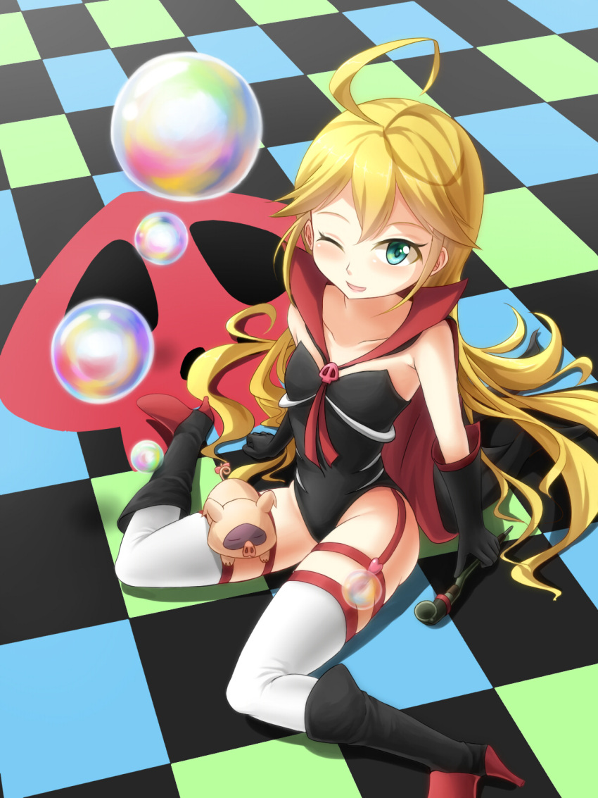 1girl, ;), ahoge, aqua_eyes, black_gloves, blonde_hair, cape, checkered