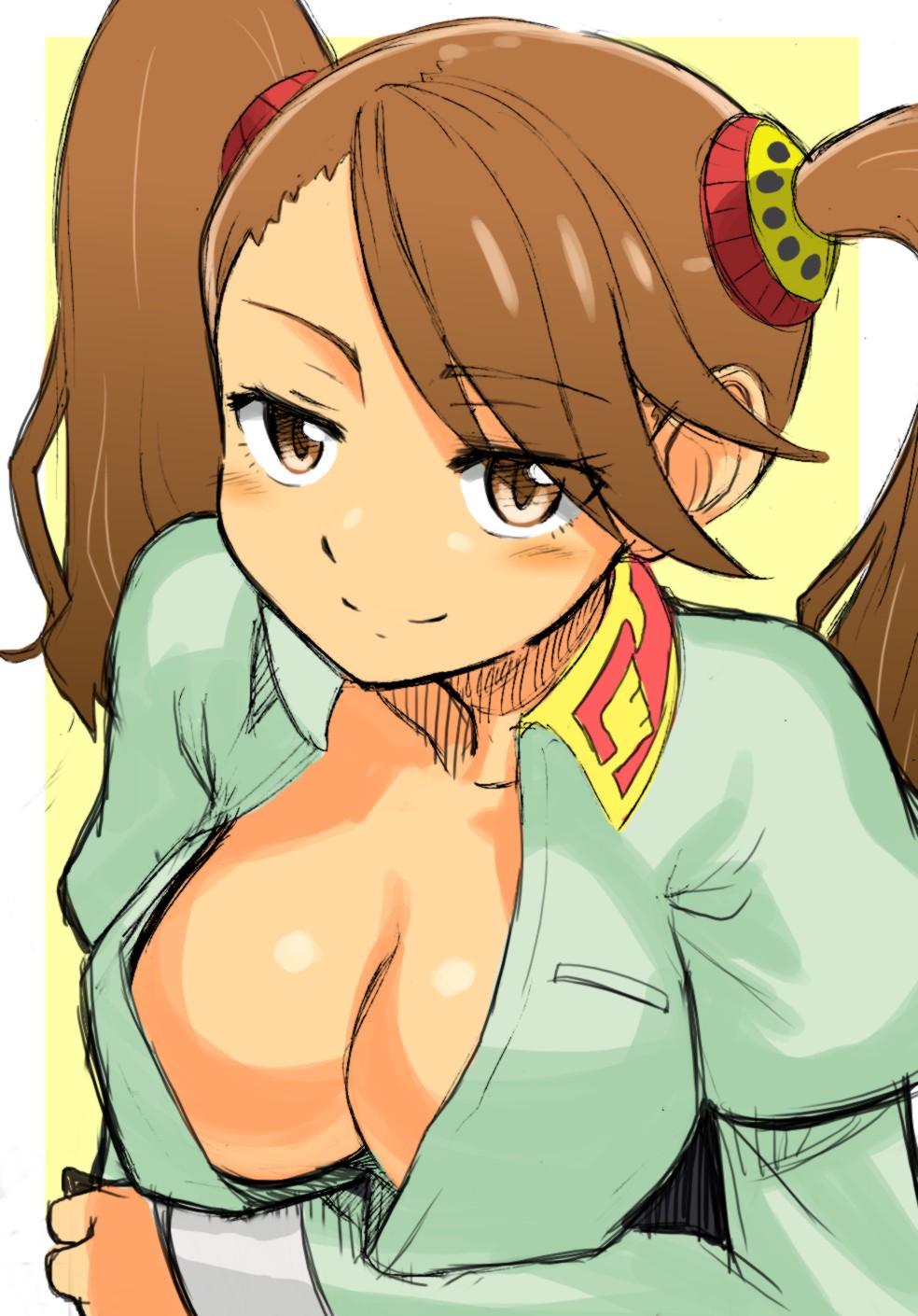 1girl, breasts, brown_eyes, brown_hair, choutako, cleavage, gundam, gundam_build_fighters