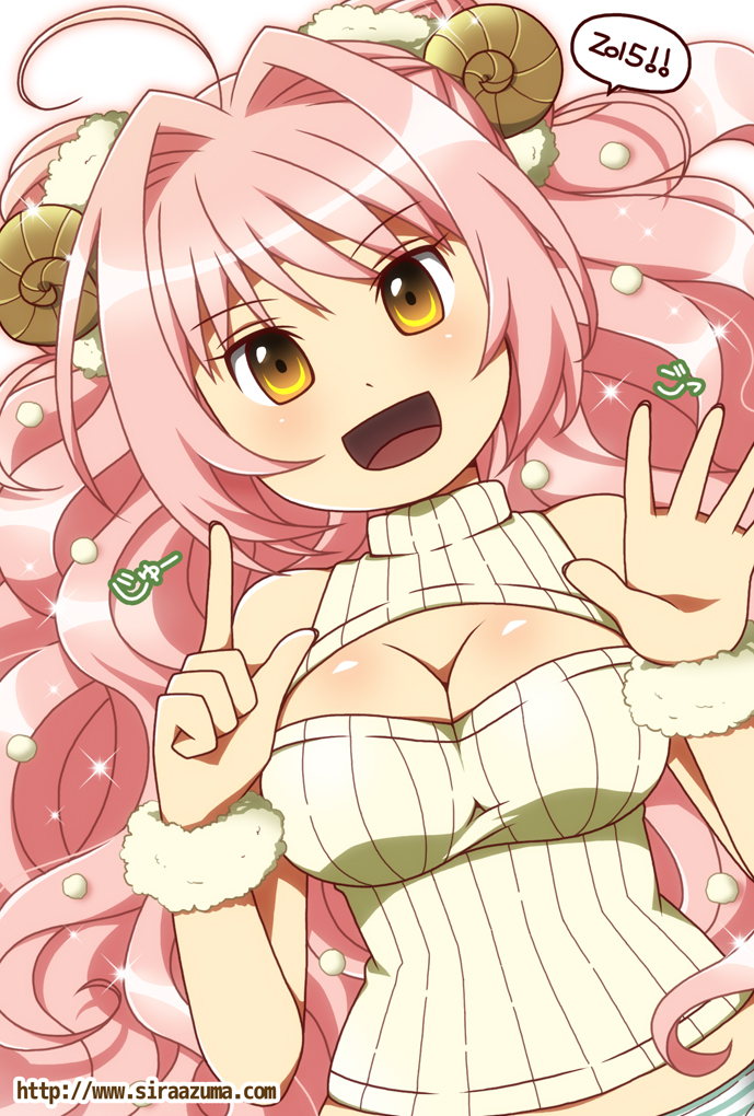 1girl, 2015, :d, ahoge, breasts, cleavage, cleavage_cutout, horns