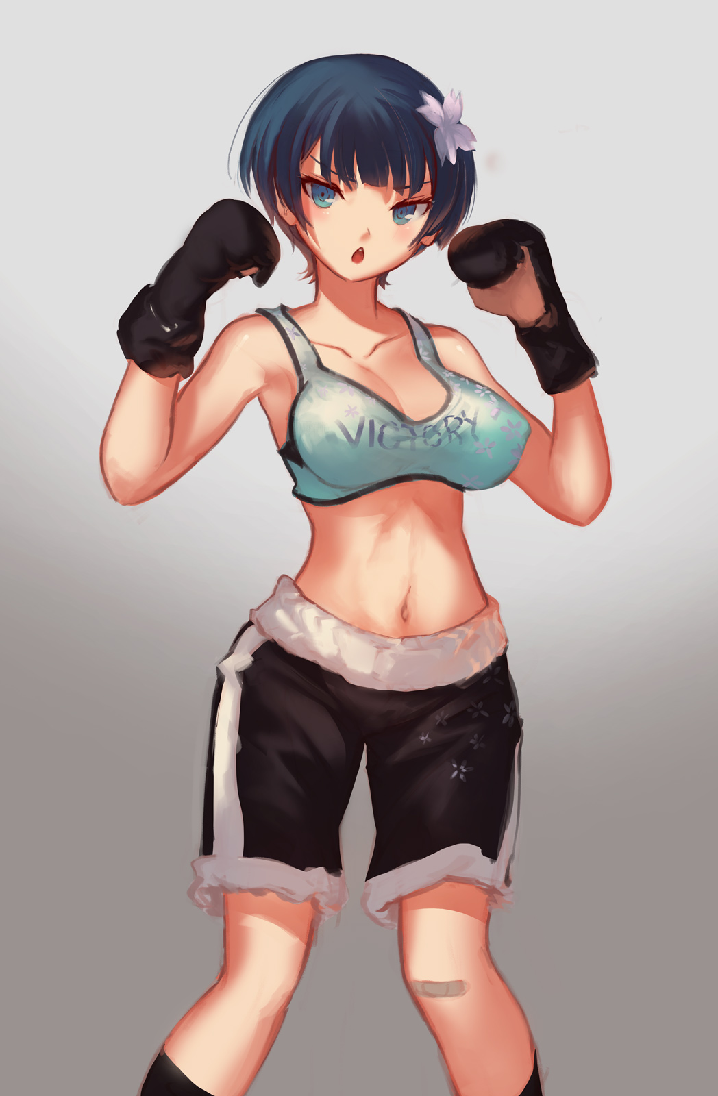 1girl, blue_eyes, blue_hair, blush, boxing_gloves, breasts, cleavage, doomfest