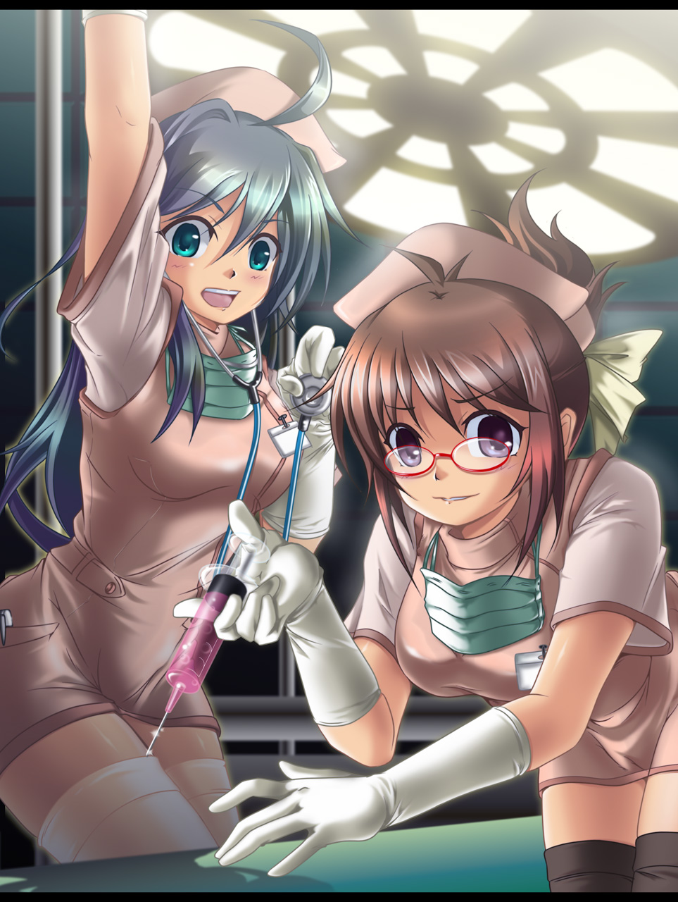 2girls, black_legwear, blue_hair, brown_hair, female, glasses, gloves, hat, highres, latex_gloves, long_hair, multiple_girls, nurse, nurse_cap, short_hair, smile, surgical_mask, syringe, tanbe, thigh-highs, white_legwear, zettai_ryouiki