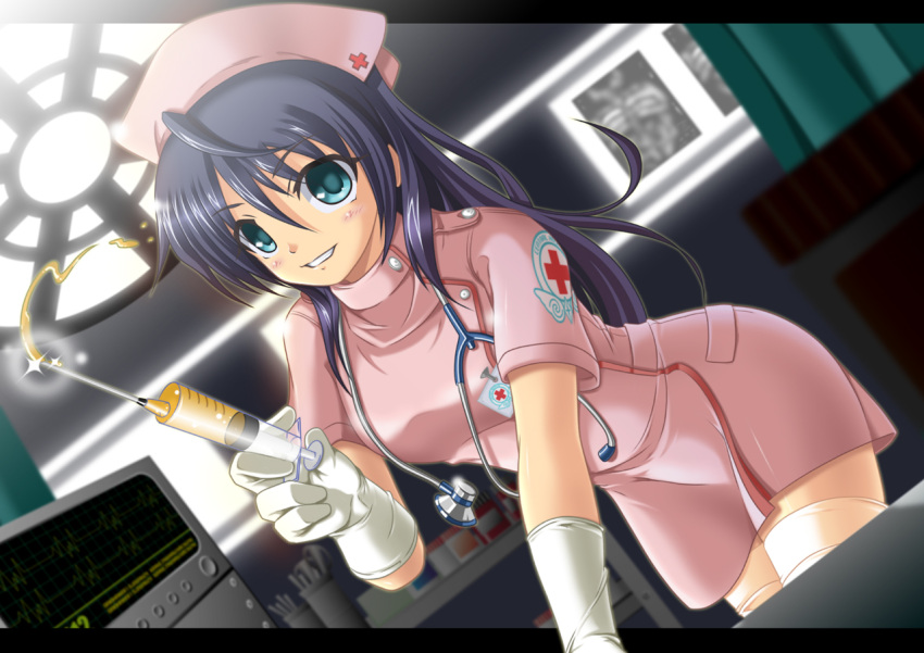 1girl, blue_hair, female, gloves, green_eyes, grin, hat, latex_gloves, long_hair, nurse, nurse_cap, original, smile, solo, syringe, tanbe, teeth