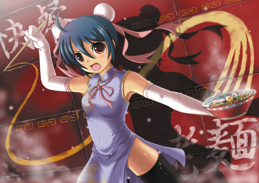 1girl, black_legwear, blue_hair, china_dress, chinese_clothes, chopsticks, double_bun, elbow_gloves