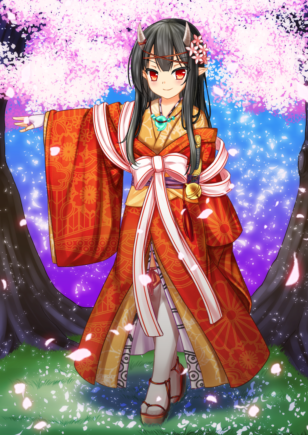 1girl, bell, black_hair, bow, cherry_blossoms, cherry_trees, flower, hair_flower