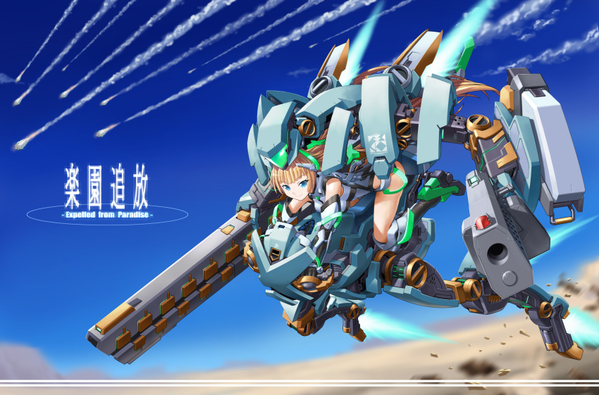 1girl, angela_balzac, bare_shoulders, blonde_hair, blue_eyes, expelled_from_paradise, highres, long_hair, looking_at_viewer, mecha, smile, solo, tanimeso