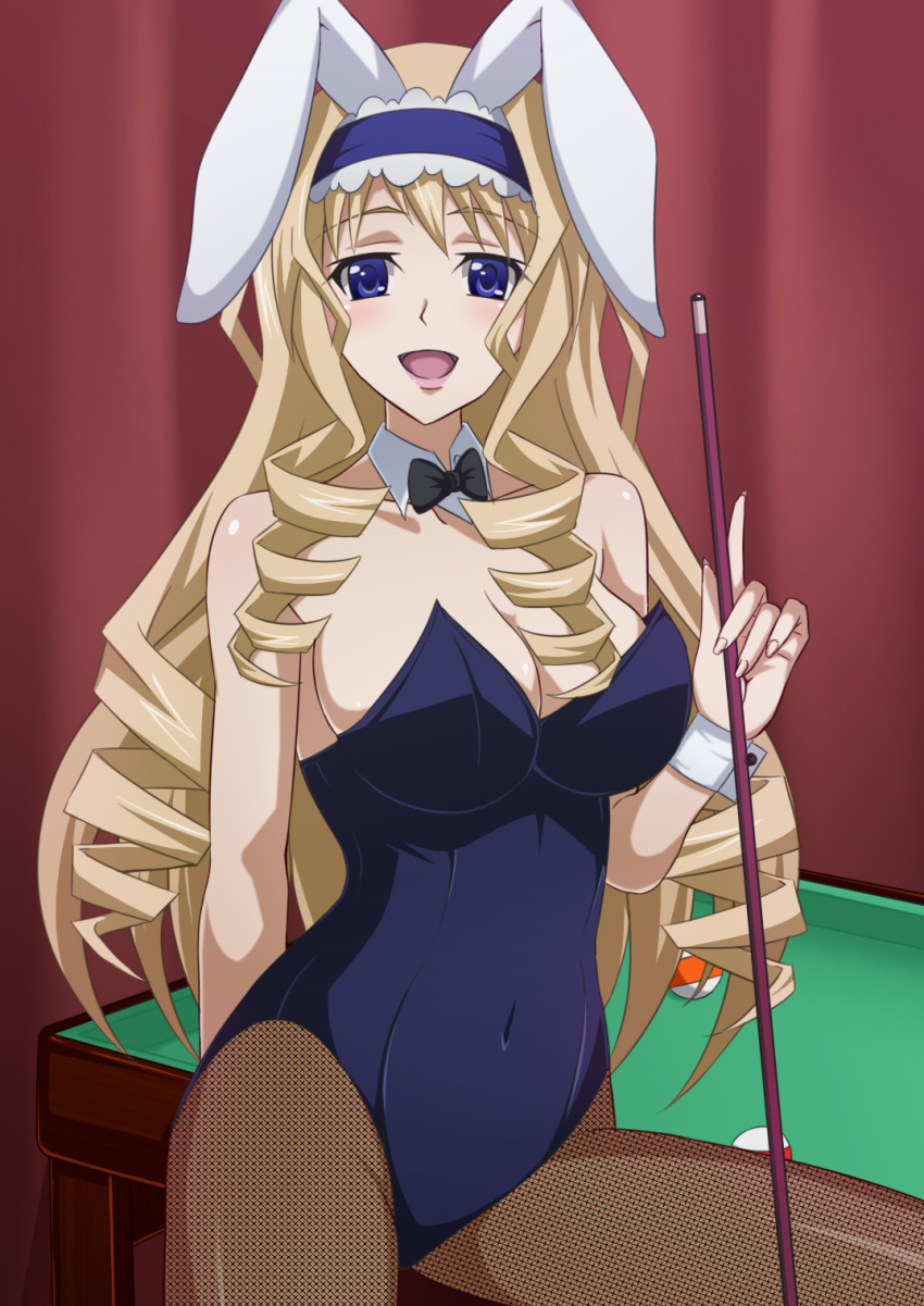 1girl, animal_ears, billiards, blonde_hair, blue_eyes, blush, bowtie, breasts