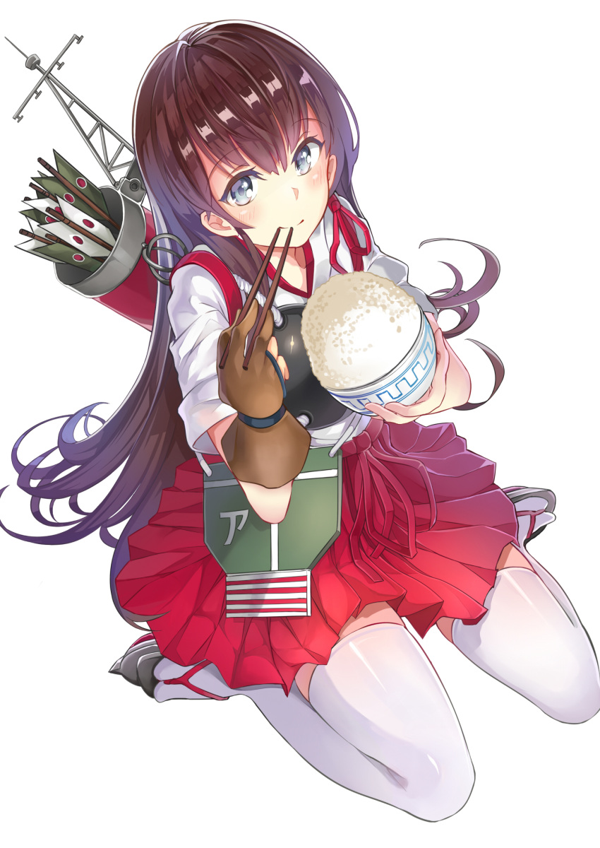1girl, akagi_(kantai_collection), arrow, blue_eyes, brown_hair, chopsticks, highres, hunxiao_xingshuang, japanese_clothes, kantai_collection, long_hair, muneate, quiver, rice_bowl, smile