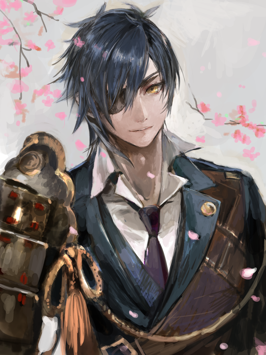 1boy, black_hair, cherry_blossoms, eyepatch, formal, necktie, shokudaikiri_mitsutada_(touken_ranbu), shoulder_pads