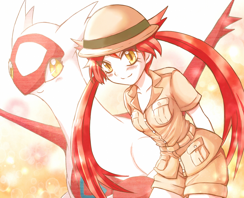 1girl, asato, hat, latias, personification, pokemon, redhead, shorts