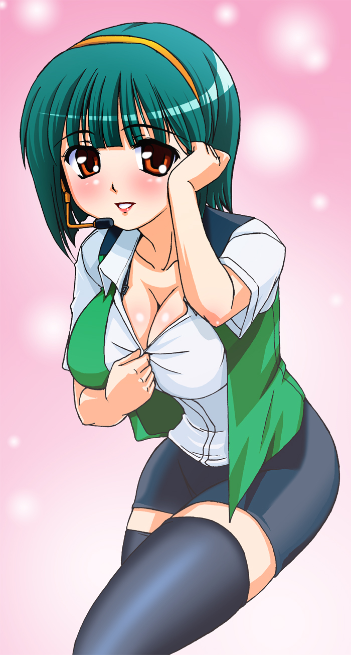 brown_eyes, cleavage, green_hair, headset, highres, idolmaster, otonashi_kotori, rikumoto_yoshiyuki