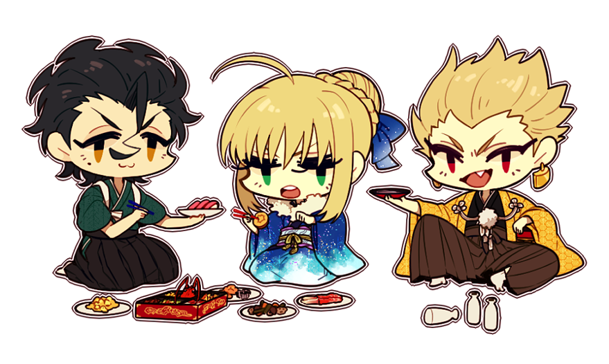 1girl, 2boys, black_hair, blonde_hair, chibi, chopsticks, fate/zero, fate_(series)
