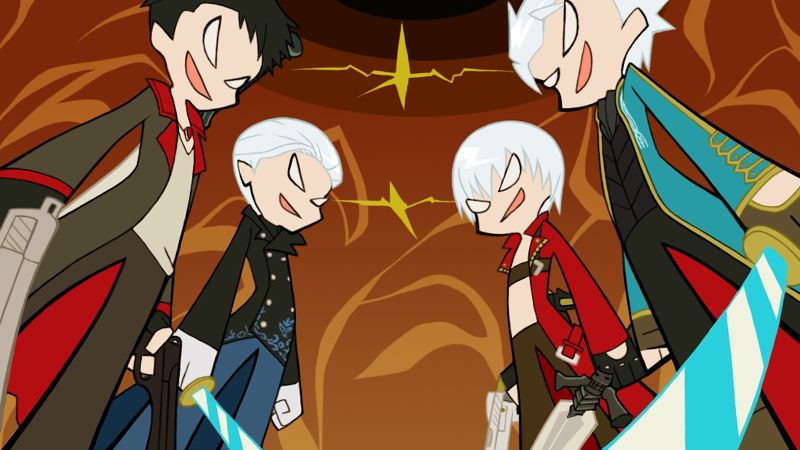 4boys, black_hair, brothers, coat, commentary_request, dante_(devil_may_cry), dante_(dmc:_devil_may_cry), devil_may_cry