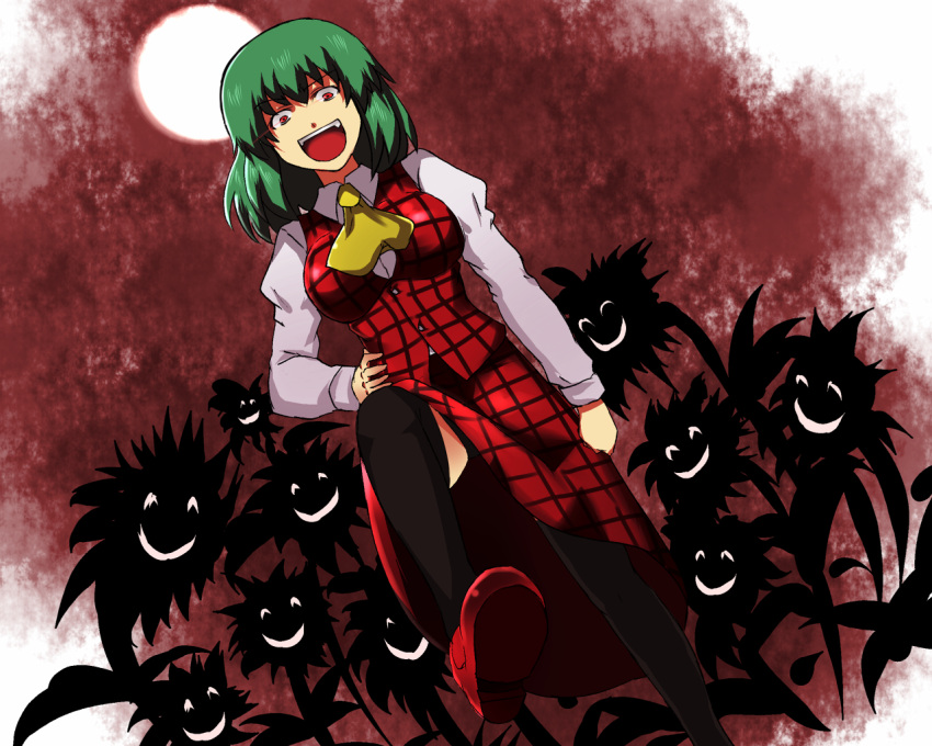 breasts, crazy_eyes, dutch_angle, flower, glowing, glowing_eyes, glowing_smile, green_hair, grin, kazami_yuuka, laughing, plaid, plaid_skirt, plaid_vest, red_eyes, reon_(pixiv), reon_(saikyou), short_hair, silhouette, skirt, skirt_set, smile, sunflower, thigh-highs, thighhighs, touhou