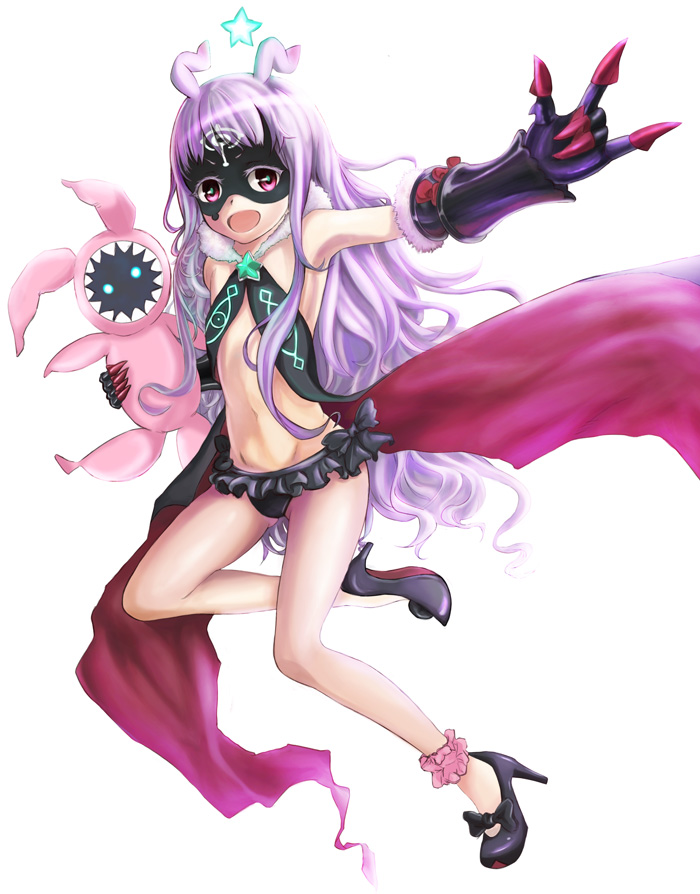 \m/, antenna_hair, bikini_bottom, fur_trim, galaktika, gauntlets, gloves, high_heels, hoshimiya_kate, long_hair, mask, midriff, navel, red_eyes, sekai_seifuku:_bouryaku_no_zvezda, silver_hair, smile, star, stuffed_toy, venera-sama, very_long_hair