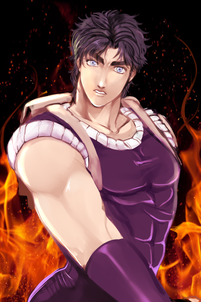 1boy, blue_eyes, jojo_no_kimyou_na_bouken, jonathan_joestar, kyykttk, muscle, purple_hair, solo