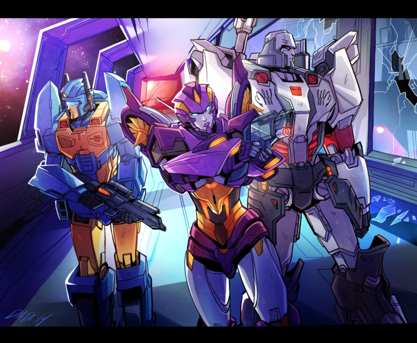 1girl, 2boys, autobot, dataglitch, insignia, mecha, megatron, multiple_boys