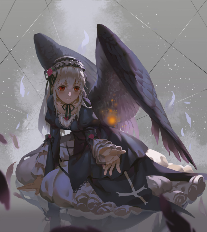 1girl, black_ribbon, black_wings, blush, collarbone, cross, dress, feathered_wings