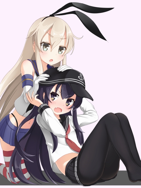 2girls, akatsuki_(kantai_collection), bare_shoulders, black_legwear, black_skirt, blonde_hair, blue_skirt, blush, bow, brown_eyes, crop_top, elbow_gloves, flat_cap, gloves, hair_bow, hairband, hand_on_another's_head, hat, kantai_collection, keizoo, kneeling, knees_up, legs_together, long_hair, long_sleeves, microskirt, midriff, multiple_girls, neckerchief, open_mouth, pantyhose, pleated_skirt, purple_hair, sailor_collar, school_uniform, serafuku, shimakaze_(kantai_collection), simple_background, sitting, skirt, striped, striped_legwear, thigh-highs, white_background, white_gloves