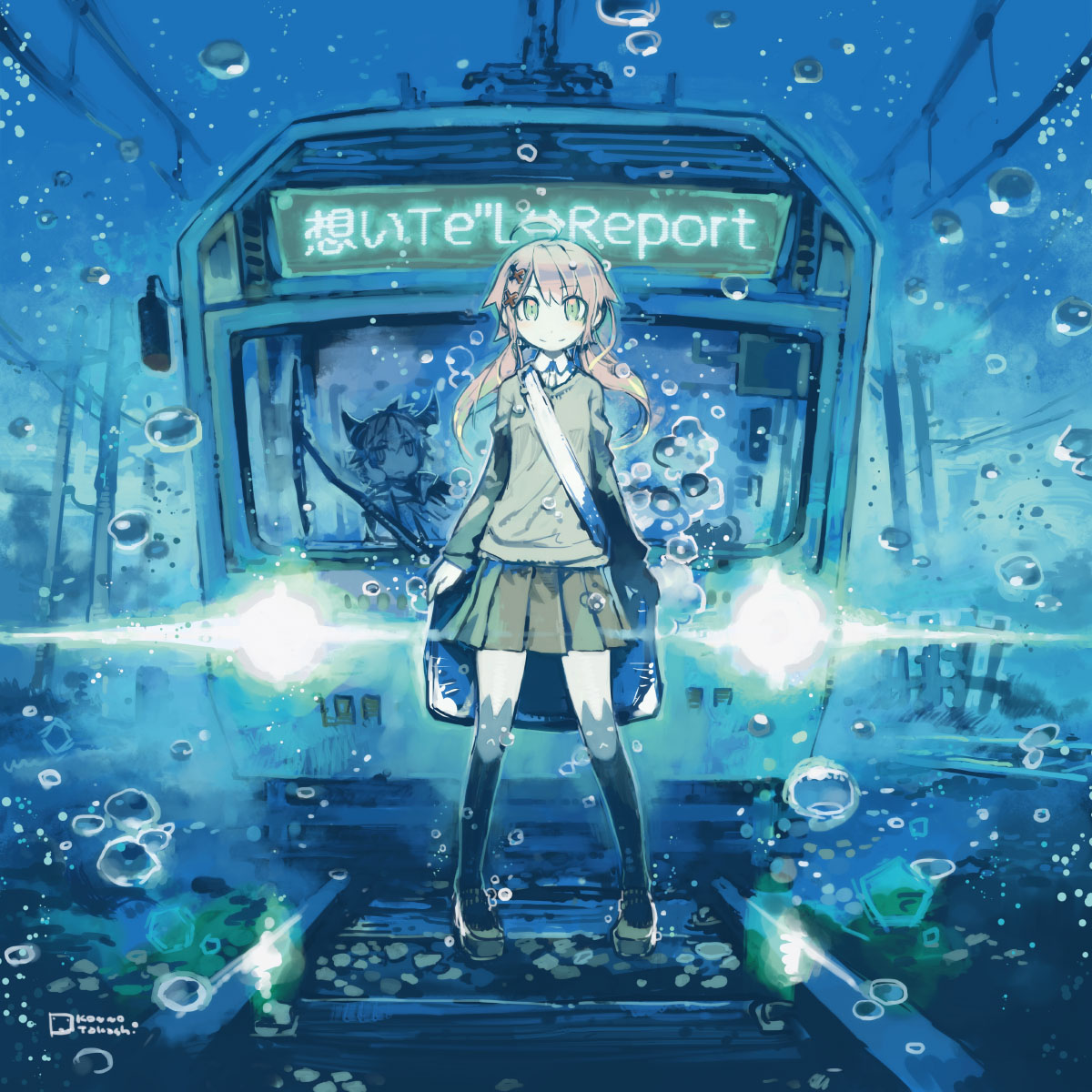 1boy, 1girl, album_cover, bag, blue, brown_hair, bubble, chin_rest