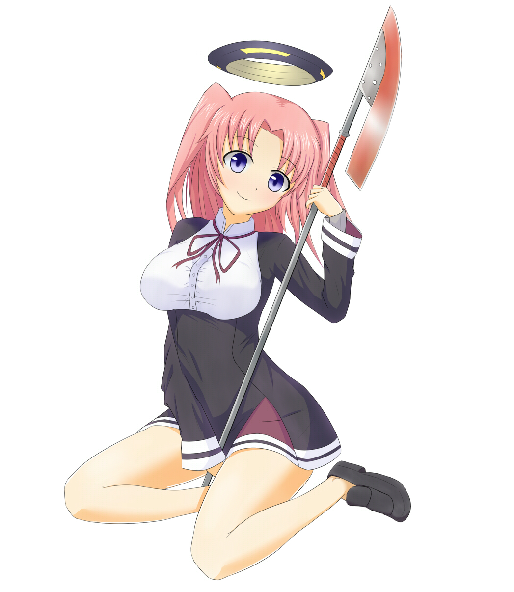 1girl, blue_eyes, blush, breasts, cosplay, dress, halo, highres