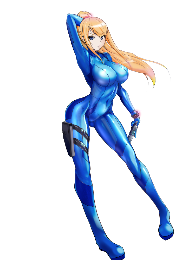 1girl, aegis_(nerocc), blonde_hair, blue_eyes, bodysuit, breasts, female, long_hair, looking_at_viewer, metroid, ponytail, samus_aran, solo, zero_suit