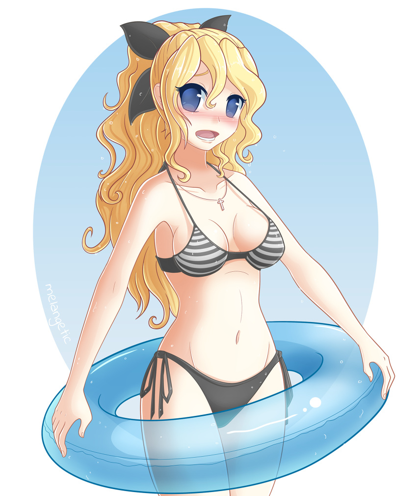 1girl, bikini, black_bikini, blonde_hair, blue_eyes, blush, bow, breasts