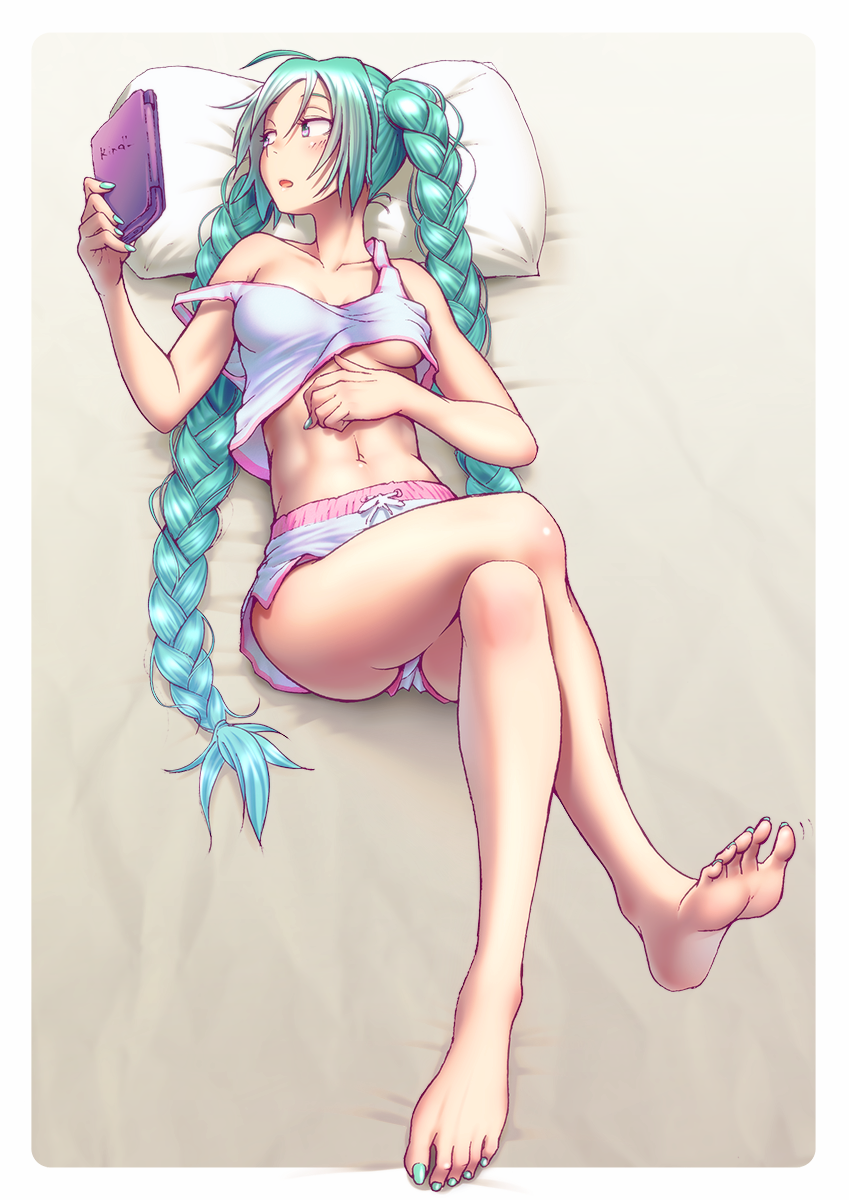 1girl, alternate_hairstyle, aqua_eyes, aqua_hair, barefoot, braid, breasts, crossed_legs