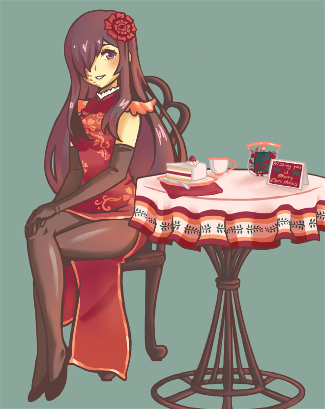 1girl, alternate_costume, black_gloves, black_hair, black_legwear, cake, candle, chair