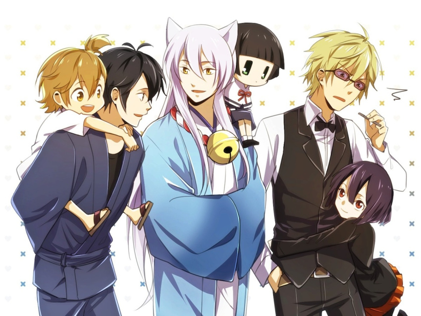 3boys, 3girls, animal_ears, awakusu_akane, barakamon, bell, black_hair, blonde_hair