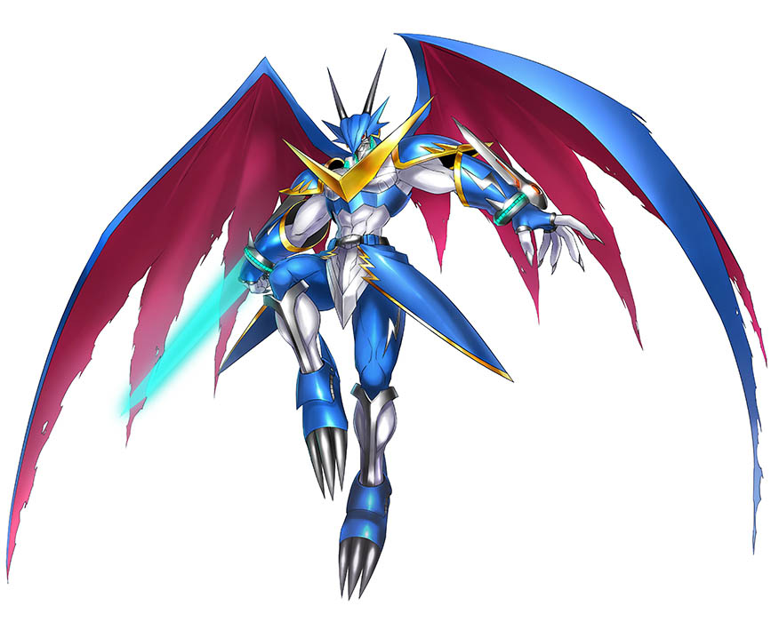 abs, armor, belt, blue_armor, bracelet, digimon, digimon_story:_cyber_sleuth, dragon_wings, energy_sword, gauntlets, horns, jewelry, monster, no_humans, red_eyes, shoulder_pads, simple_background, solo, sword, torn_wings, ulforcevdramon, very_long_fingernails, weapon, wings, yasuda_suzuhito