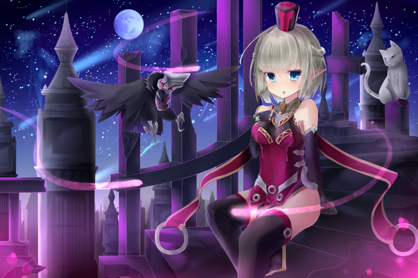 1girl, allure_queen, aqua_eyes, bare_shoulders, bird, cat, city, crow