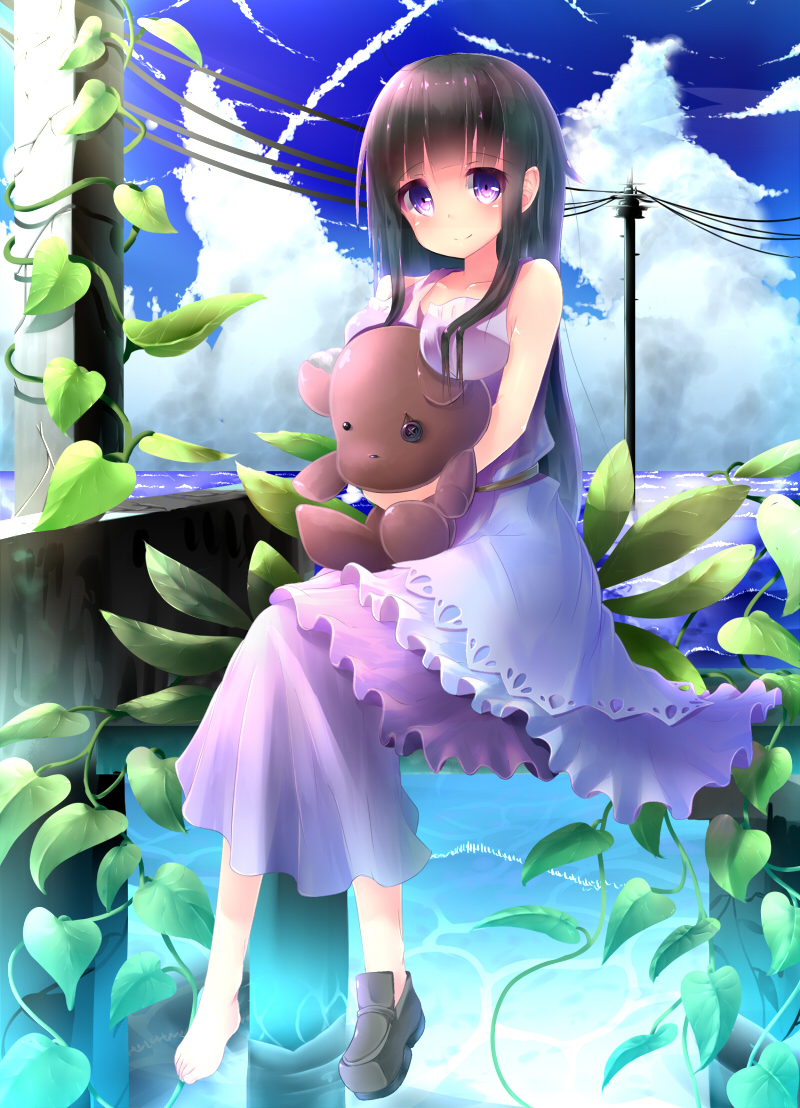 1girl, black_hair, breast_rest, breasts, clouds, cloudy_sky, dress, hime_cut