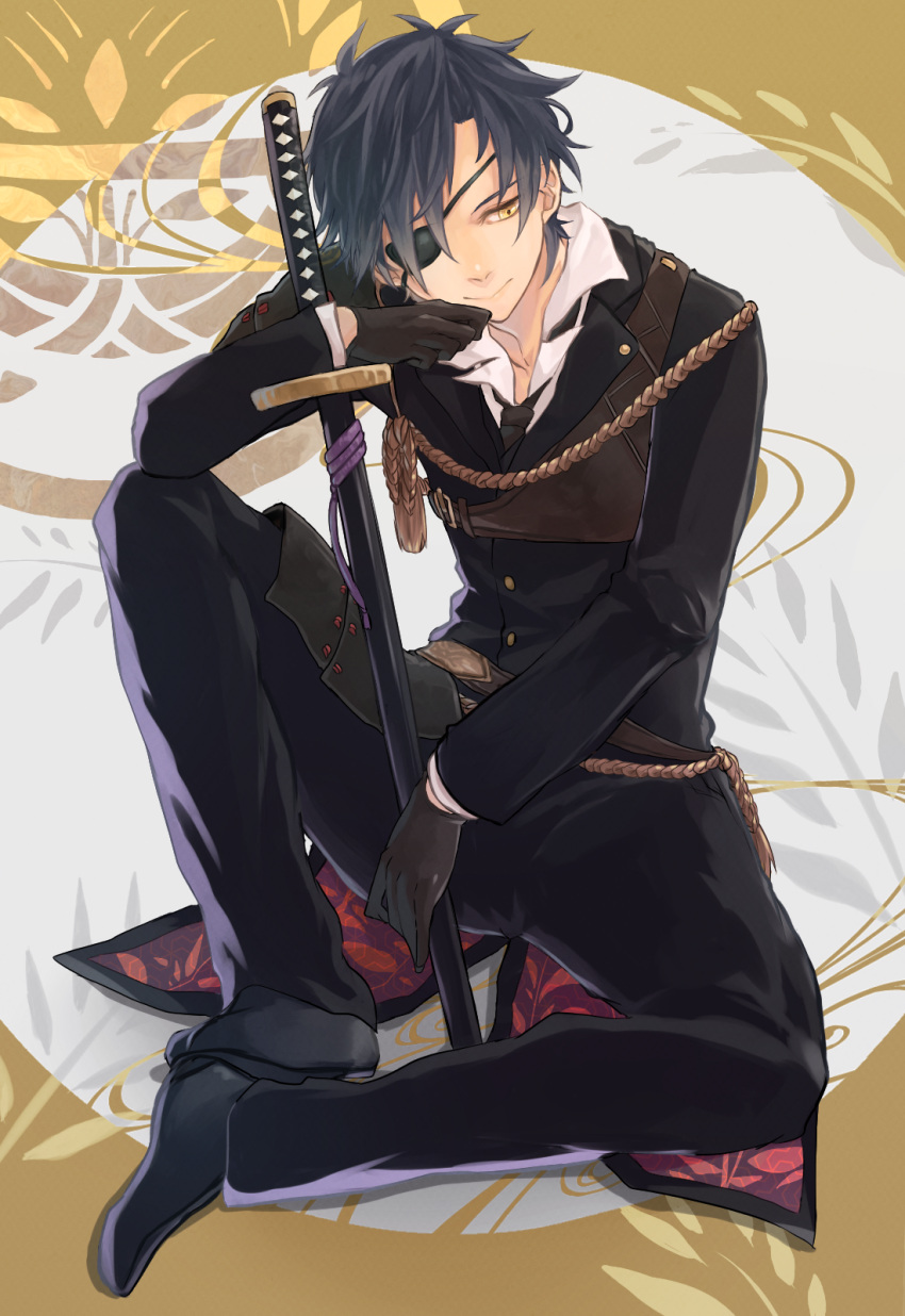 1boy, black_hair, eyepatch, formal, gloves, haruku_torabu, highres, necktie