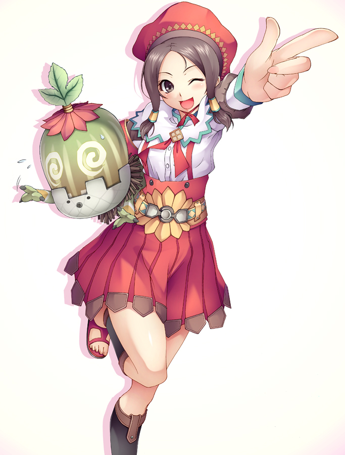 blush, brown_eyes, brown_hair, cha-cha, guild_sweetheart, happy, hat, legs