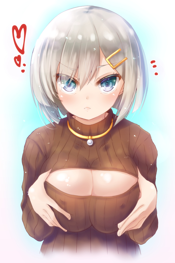 1girl, blue_eyes, breasts, cleavage, cleavage_cutout, cyanomirahi, hair_ornament, hairclip