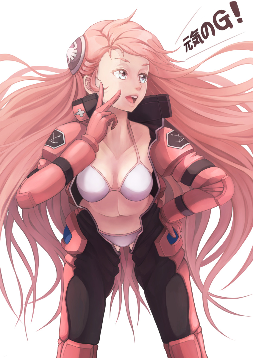 :d, absurdres, aida_rayhunton, bra, breasts, cowboy_shot, grey_eyes, gundam, gundam_g_no_reconguista, hand_on_hip, highres, long_hair, minusion, open_clothes, open_mouth, open_shirt, panties, pilot_suit, pink_hair, smile, underwear, v, white_bra, white_panties