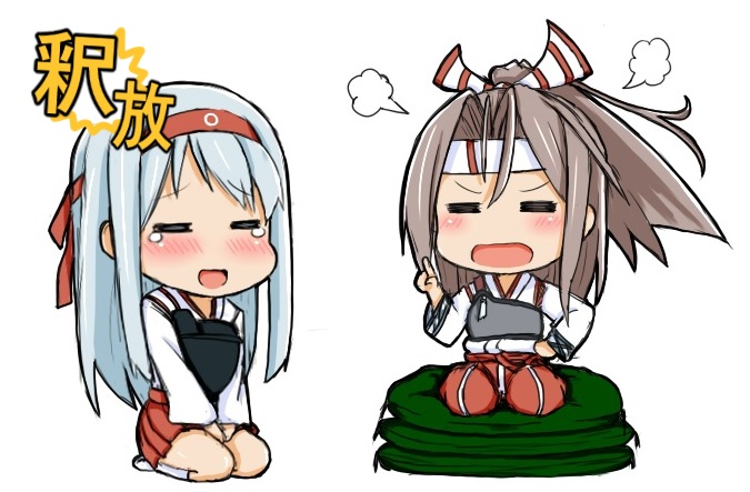 2girls, angry, atsushi_(aaa-bbb), brown_hair, closed_eyes, commentary_request, cushion, hair_ornament