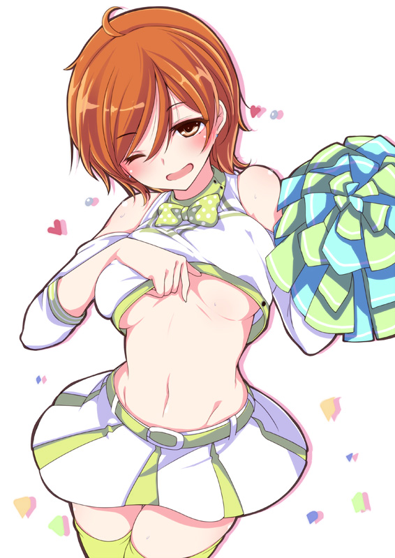 1girl, brown_eyes, harumi_sawara, midriff, mutou_kurihito, navel, one_eye_closed, shirt_lift