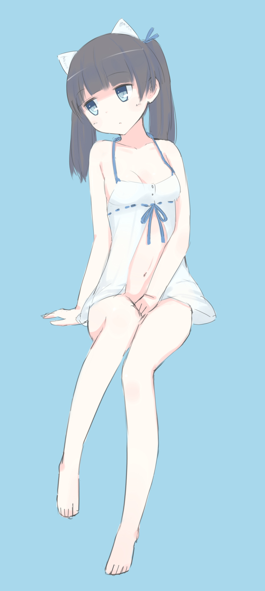1girl, absurdres, animal_ears, babydoll, bare_legs, blue_background, blue_eyes, blue_ribbon