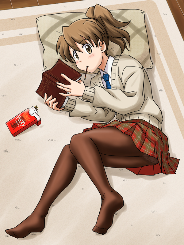 1girl, blush, book, brown_eyes, brown_hair, dress_shirt, eating, holding