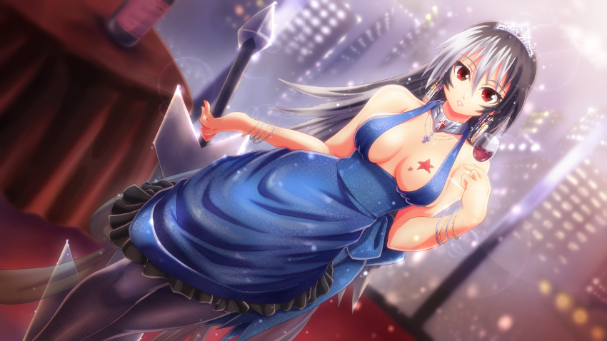 1girl, borrowed_character, breasts, cleavage, cup, dress, highres, long_hair