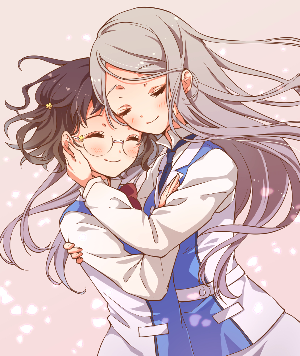 2girls, blush, brown_hair, closed_eyes, glasses, highres, izumino_sumika, long_hair, multiple_girls, school_uniform, short_hair, silver_hair, smile, tsubaki_kureha, yuri, yuri_kuma_arashi, yutsumoe